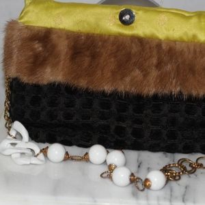 Bessie Bag Brocade Fabric with Real Fur Trim
